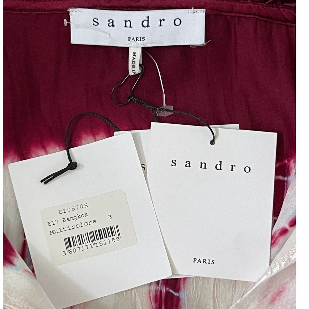Sandro Silk Tie Dye Ruffle Blouse Womens 3 L Burgundy White Sleeveless Excellent - Picture 11 of 16